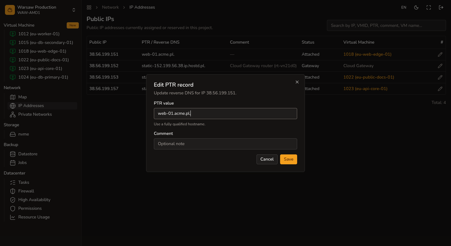 Edycja PTR w Network → IP Addresses